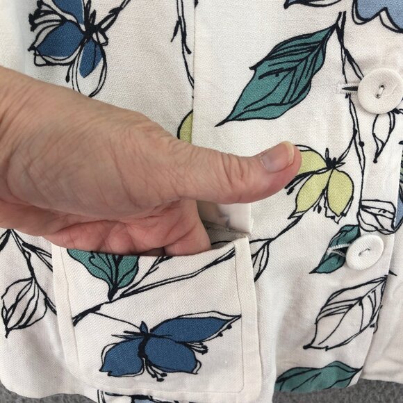 Emma James Jacket Womens 14 Blue Floral Linen Blend Button Collared 3/4 Sleeves - Picture 5 of 11